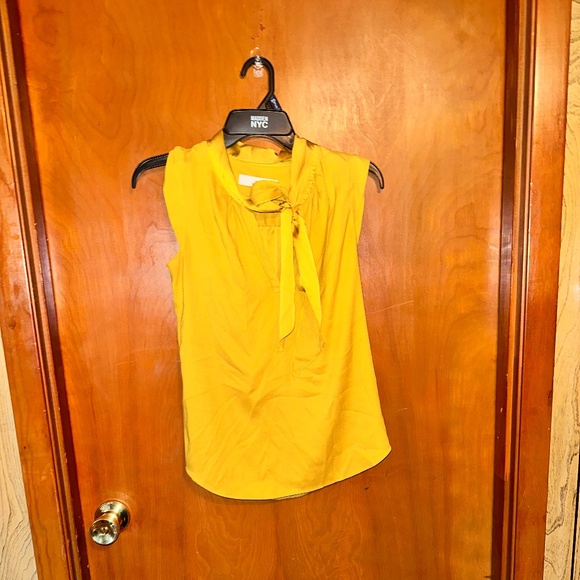 LOFT Mustard Yellow Tie-Neck Sleeveless Blouse — Chic Work Top - Picture 1 of 1
